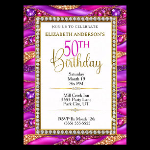 Glam Pink Gold Jewelled Strata 50th Birthday Invitation
