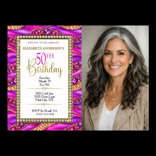 Glam Pink Gold Jewelled Strata 50th Birthday Photo Invitation
