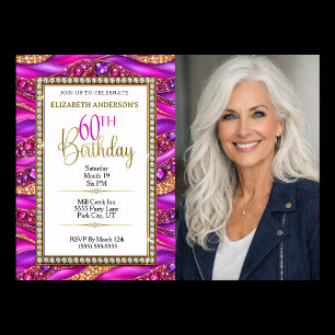 Glam Pink Gold Jewelled Strata 60th Birthday Photo Invitation
