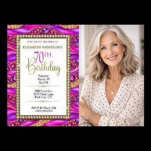 Glam Pink Gold Jewelled Strata 70th Birthday Photo Invitation