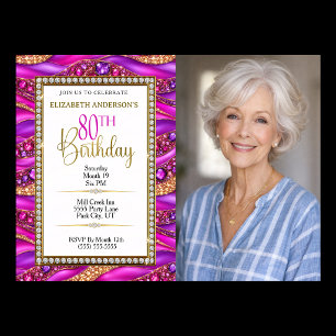 Glam Pink Gold Jewelled Strata 80th Birthday Photo Invitation