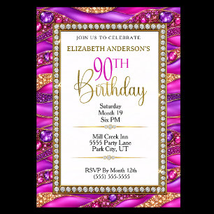 Glam Pink Gold Jewelled Strata 90th Birthday Invitation