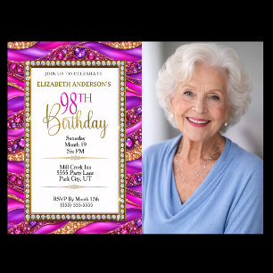 Glam Pink Gold Jewelled Strata 98th Birthday Photo Invitation