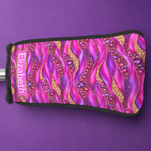 Glam Pink Gold Jewelled Strata Personalised Golf Head Cover