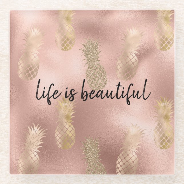 Glam Pink Gold Pineapples Glass Coaster (Front)