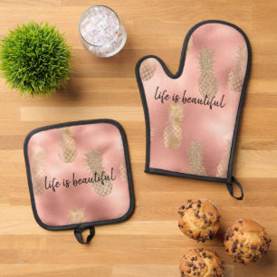 Glam Pink Gold Pineapples Oven Mitt & Pot Holder Set