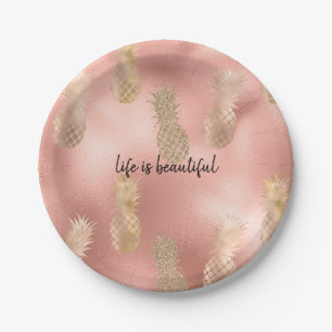 Glam Pink Gold Pineapples Paper Plate