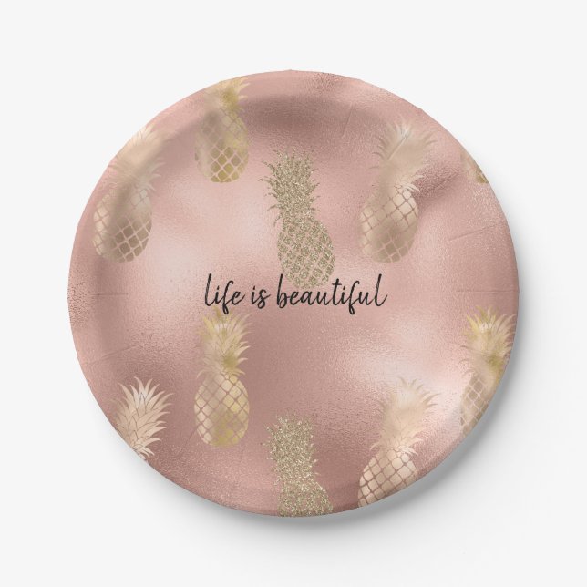 Glam Pink Gold Pineapples Paper Plate (Front)