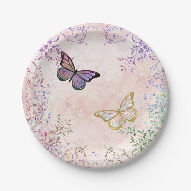 Glam Pink Gold Purple Butterflies Paper Plate (Front)