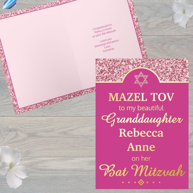Glam Pink Granddaughter Niece Bat Mitzvah Gold Foil Holiday Card (Change Granddaughter to Niece or Daughter or Sister etc. for your unique Bat Mitzvah greeting card)