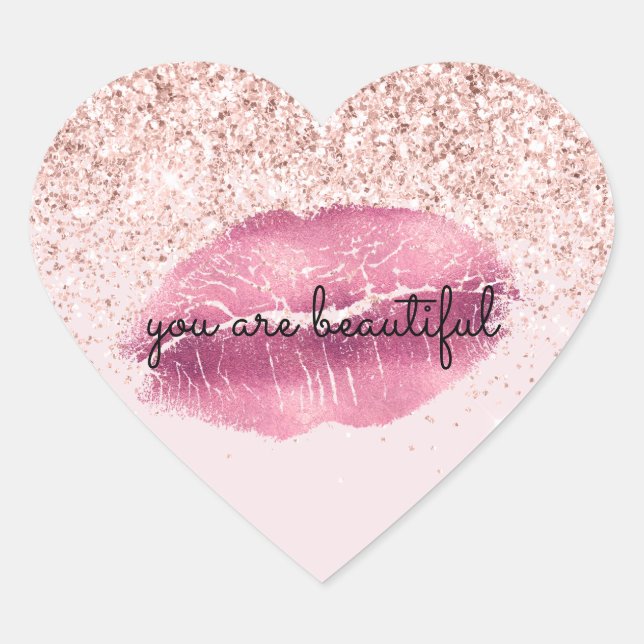 Glam Pink Kiss Lips Blush Glitter      Heart Sticker (Front)
