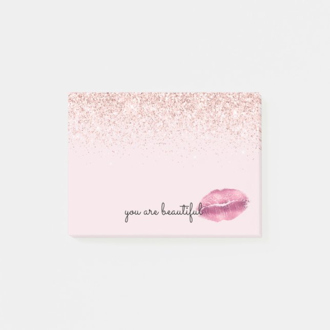 Glam Pink Kiss Lips Blush Glitter Post-it Notes (Front)