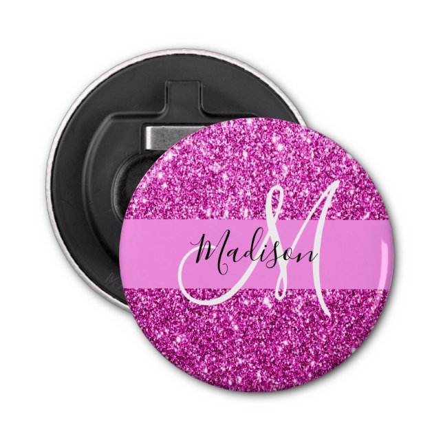 Glam Pink & Magenta Glitter Sparkle Monogram Name Bottle Opener (Front)