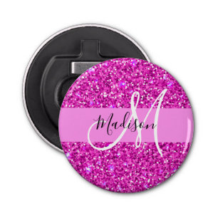Glam Pink & Magenta Glitter Sparkle Monogram Name Bottle Opener