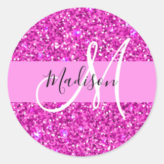 Glam Pink & Magenta Glitter Sparkle Monogram Name Classic Round Sticker