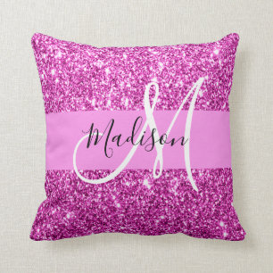 Glam Pink & Magenta Glitter Sparkle Monogram Name Cushion