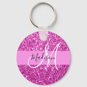 Glam Pink & Magenta Glitter Sparkle Monogram Name Key Ring