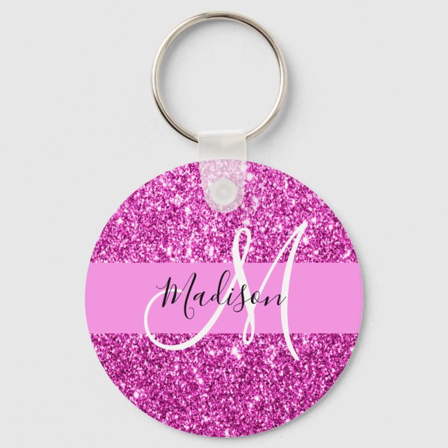 Glam Pink & Magenta Glitter Sparkle Monogram Name Key Ring (Front)