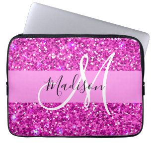 Glam Pink & Magenta Glitter Sparkle Monogram Name Laptop Sleeve