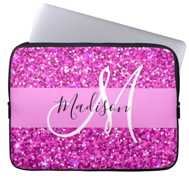 Glam Pink & Magenta Glitter Sparkle Monogram Name Laptop Sleeve (Front)