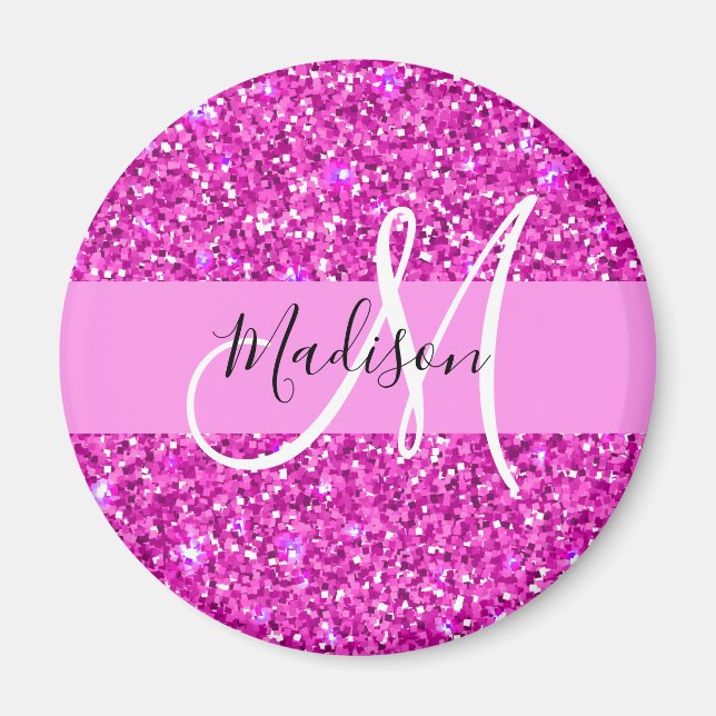 Glam Pink & Magenta Glitter Sparkle Monogram Name Magnet (Front)