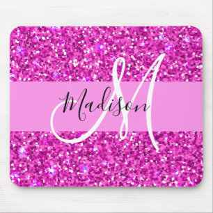 Glam Pink & Magenta Glitter Sparkle Monogram Name Mouse Mat