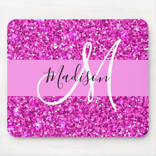 Glam Pink & Magenta Glitter Sparkle Monogram Name Mouse Mat (Front)