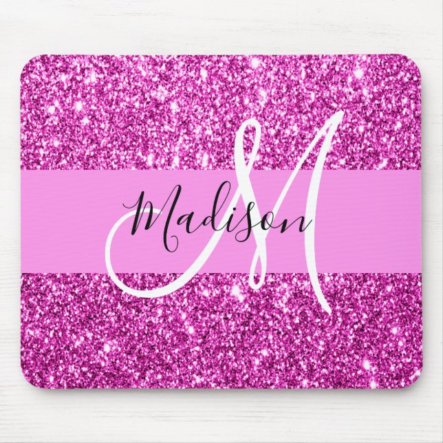Glam Pink & Magenta Glitter Sparkle Monogram Name Mouse Mat (Front)