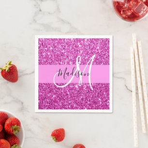 Glam Pink & Magenta Glitter Sparkle Monogram Name Napkin
