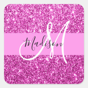 Glam Pink & Magenta Glitter Sparkle Monogram Name Square Sticker