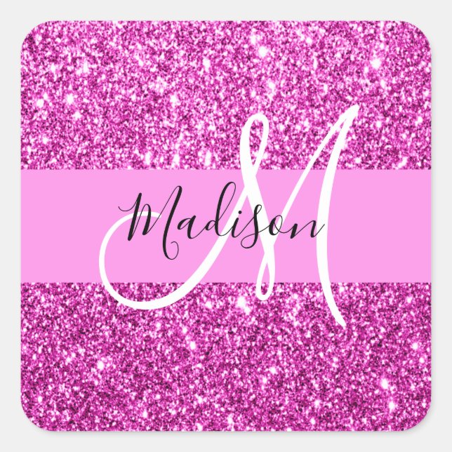 Glam Pink & Magenta Glitter Sparkle Monogram Name Square Sticker (Front)