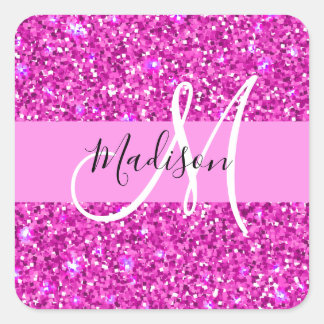 Glam Pink & Magenta Glitter Sparkle Monogram Name Square Sticker