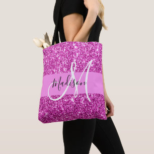 Glam Pink & Magenta Glitter Sparkle Monogram Name Tote Bag