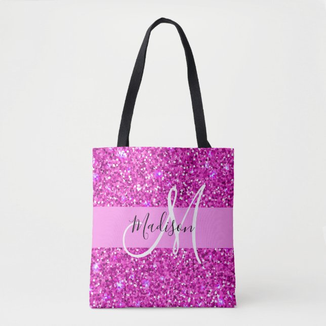 Glam Pink & Magenta Glitter Sparkle Monogram Name Tote Bag (Front)