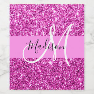 Glam Pink & Magenta Glitter Sparkle Monogram Name Wine Label