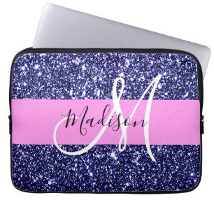Glam Pink Navy Blue Glitter Sparkles Name Monogram Laptop Sleeve