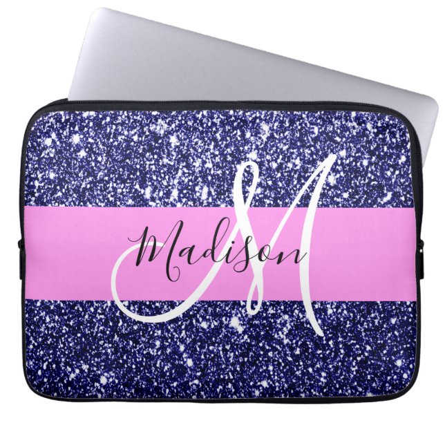 Glam Pink Navy Blue Glitter Sparkles Name Monogram Laptop Sleeve (Front)