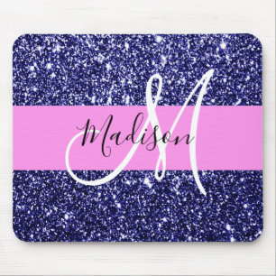 Glam Pink Navy Blue Glitter Sparkles Name Monogram Mouse Mat