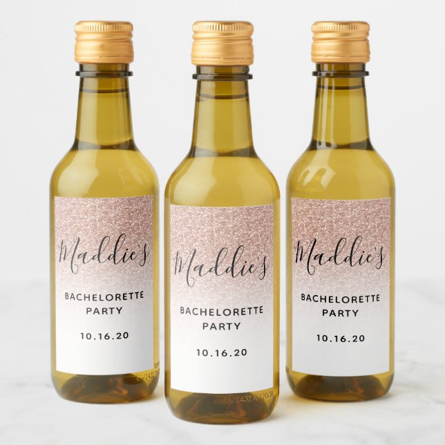 Glam Pink Ombre Glitter Bachelorette Bride Name Wine Label (Bottles)