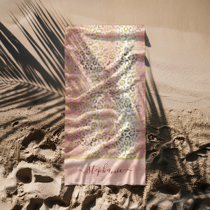 Glam Pink Ombre Gold Leopard Pattern Personalised Beach Towel