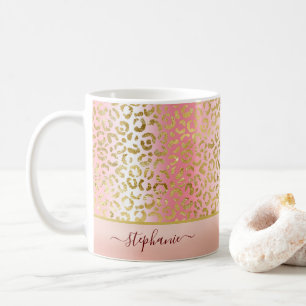 Glam Pink Ombre Gold Leopard Pattern Personalised Coffee Mug