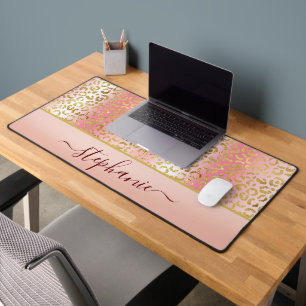 Glam Pink Ombre Gold Leopard Pattern Personalised Desk Mat