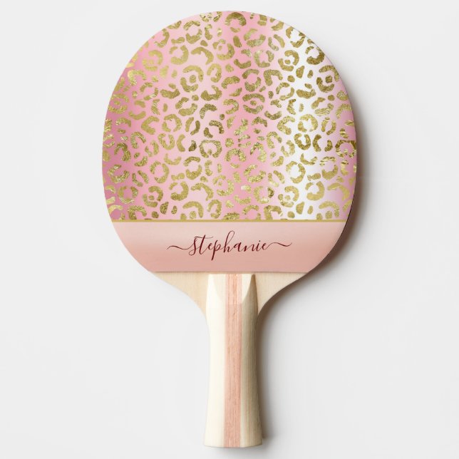 Glam Pink Ombre Gold Leopard Pattern Personalised Ping Pong Paddle (Front)