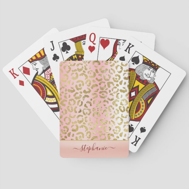 Glam Pink Ombre Gold Leopard Pattern Personalised Playing Cards (Back)