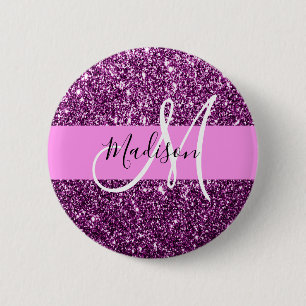 Glam Pink & Purple Glitter Sparkles Monogram Name 6 Cm Round Badge