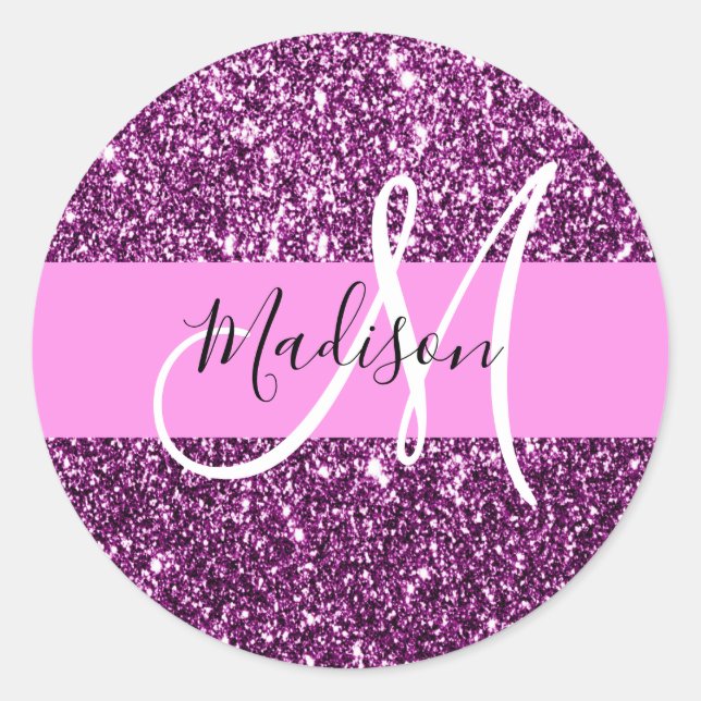 Glam Pink & Purple Glitter Sparkles Monogram Name Classic Round Sticker (Front)