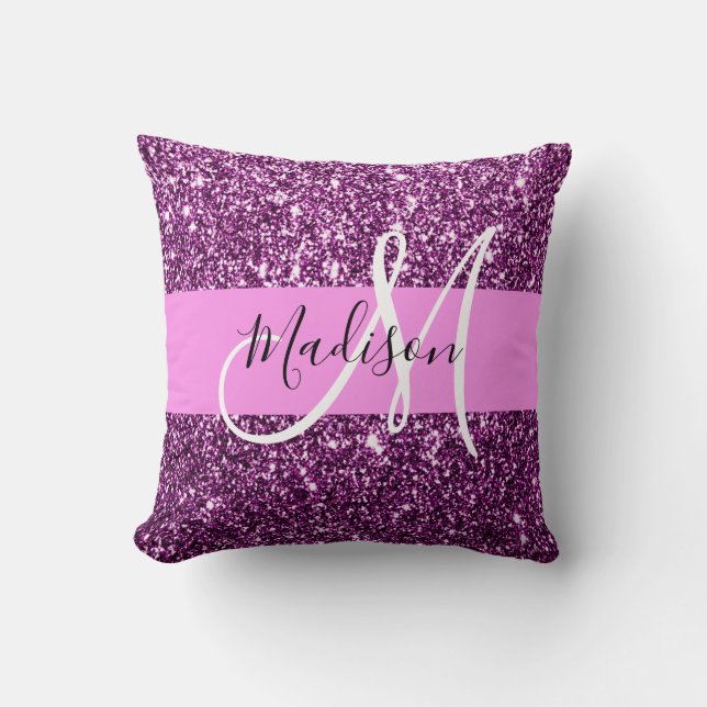 Glam Pink & Purple Glitter Sparkles Monogram Name Cushion (Front)
