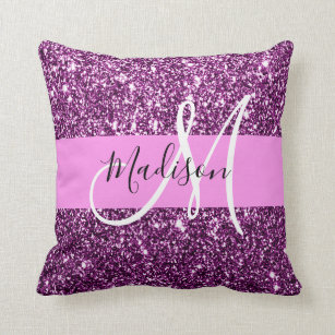 Glam Pink & Purple Glitter Sparkles Monogram Name Cushion