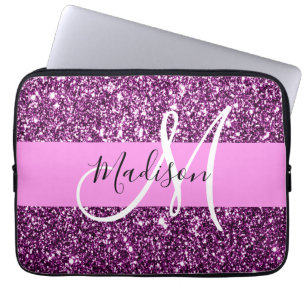 Glam Pink & Purple Glitter Sparkles Monogram Name Laptop Sleeve