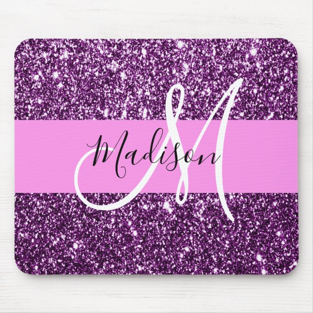 Glam Pink & Purple Glitter Sparkles Monogram Name Mouse Mat (Front)